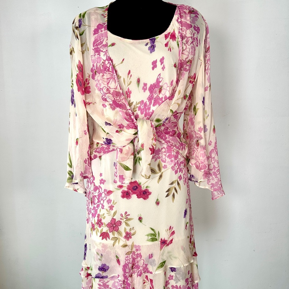 Vintage 90 2 PC Eva Blue Floral Chiffon Dress Shrug Beaded Tiered Fairy S/M